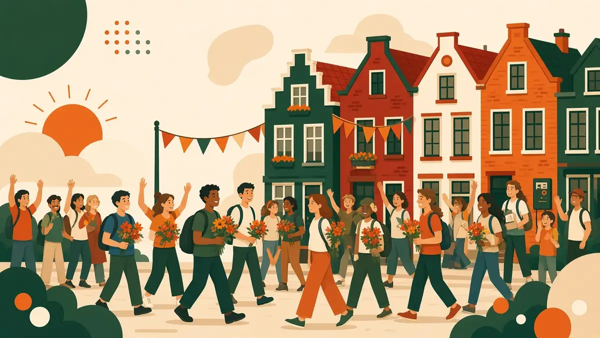 Getekende feeststraat met slingers, een boog en wandelaars