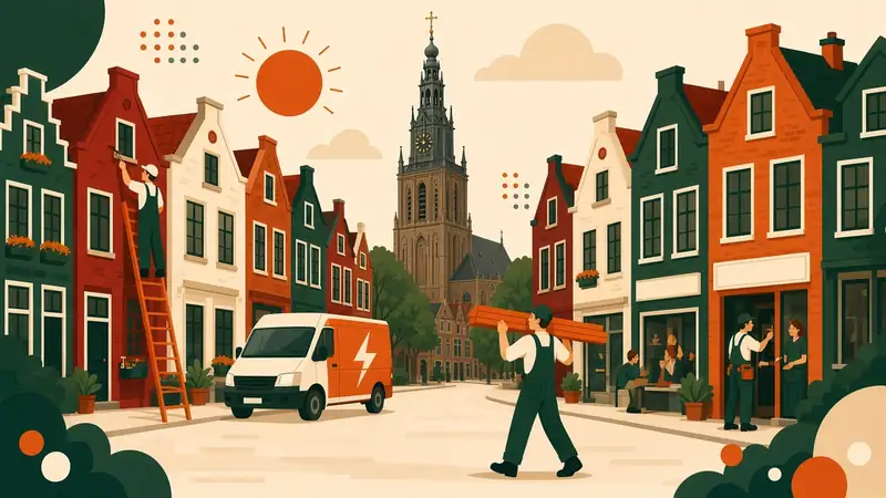 Vakmensen in een Nijmeegse straat, met de Stevenskerk op de achtergrond