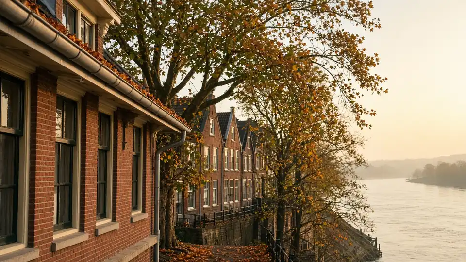 Herfstbomen en dakgoten langs bakstenen huizen, met oranje blad