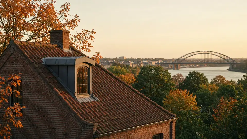 Dakkapel op een pannendak, met een boogbrug in de verte en herfstbomen