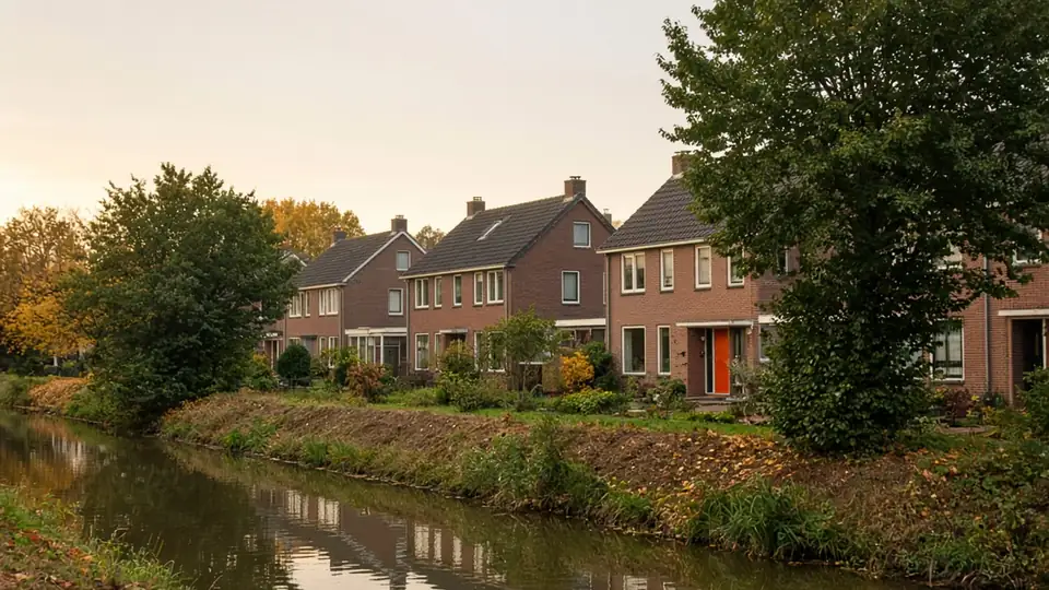 Laagbouw van baksteen aan een kanaal, met diepgroen en een crème lucht