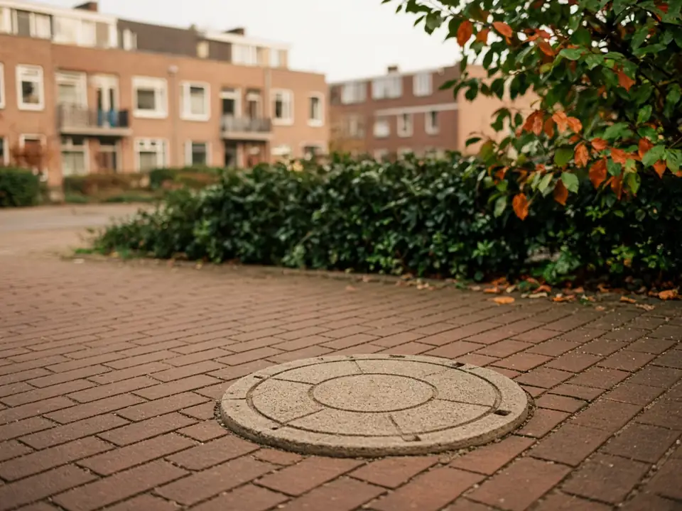 Ronde controleput in een bakstenen stoep van een jarenzeventigbuurt