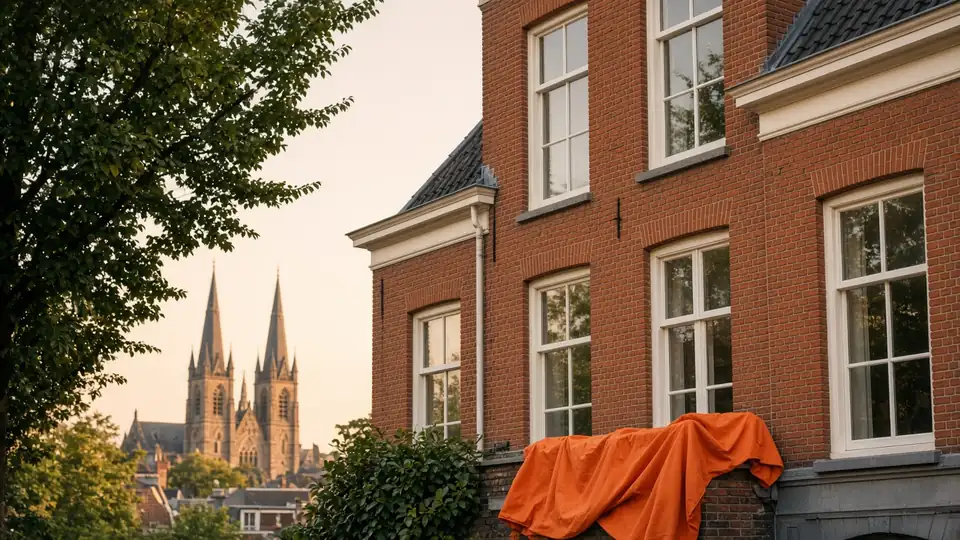 Bakstenen gevel aan het water, met groen en warm licht, in de sfeer van Nijmegen