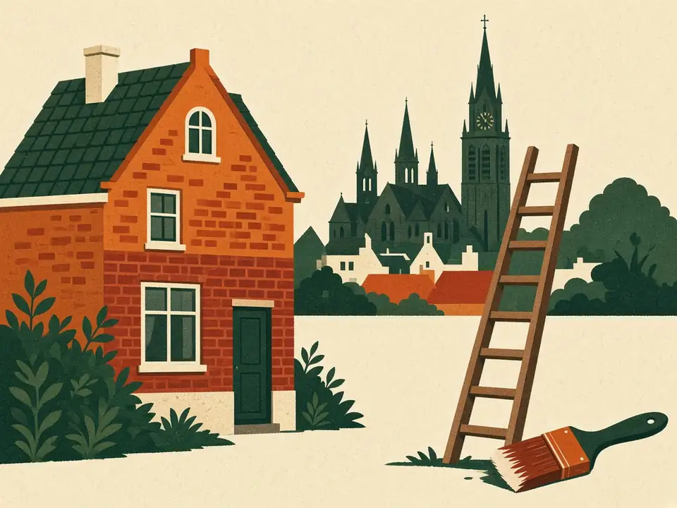 Vlakke illustratie van een bakstenen huis, een ladder en een dubbeltorenkerk, in groen, oranje en baksteenrood op crème